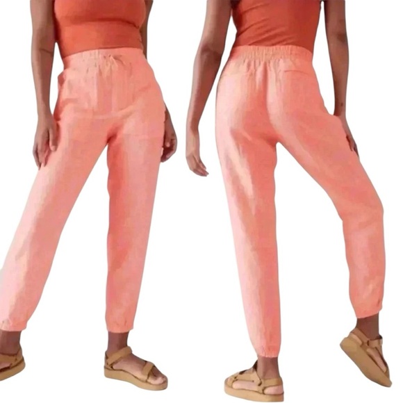 Athleta Retreat Linen Drawstring Waist Joggers Sunset Glow Garden Orange Size 12 - Picture 1 of 16